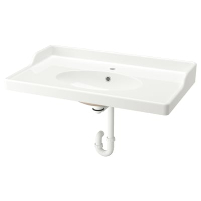 A white RUTSJÖN ceramic wash-basin with a raised backsplash and oval bowl, designed for a traditional look.