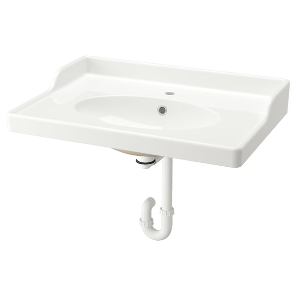 RUTSJÖN white ceramic washbasin, sleek rectangular shape, raised backsplash, integrated traditional design.