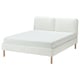 A white SAGESUND bed frame with two pillows, wooden legs, and a sleek, modern design.