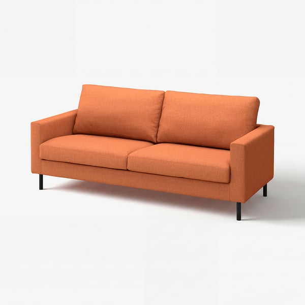 Bright orange couch with sleek design, dark legs, two cushions.