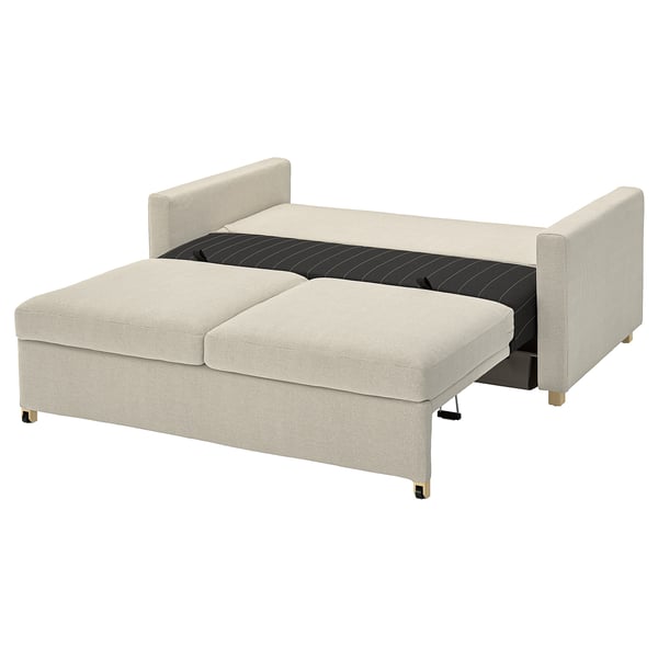 SALTSJÖBADEN beige sofa-bed, transforms quickly, comfortable, fabric & foam, rectangular, simple design.