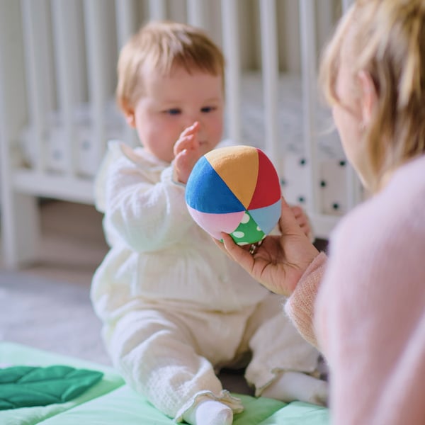Adult showing colourful ball to baby. Ball jingles when shaken, sparks curiosity.