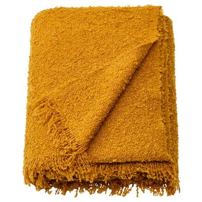 Mustard yellow recycled polyester throw blanket with fringed edges.