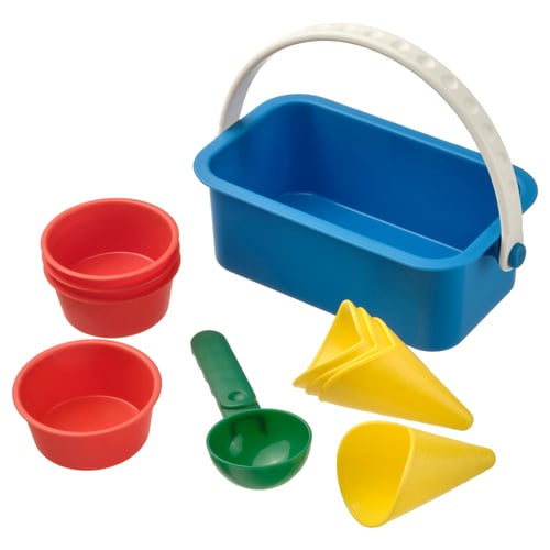Bright blue plastic sand bucket set with red cups, green scoop, and yellow cones. Perfect for beach or sandbox play.