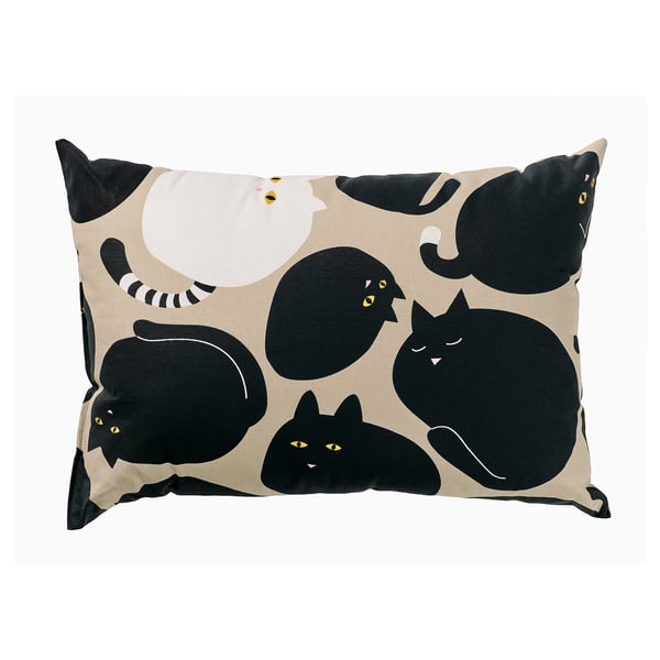 Beige SANDMOTT pillow with cat prints, cotton & polyester.