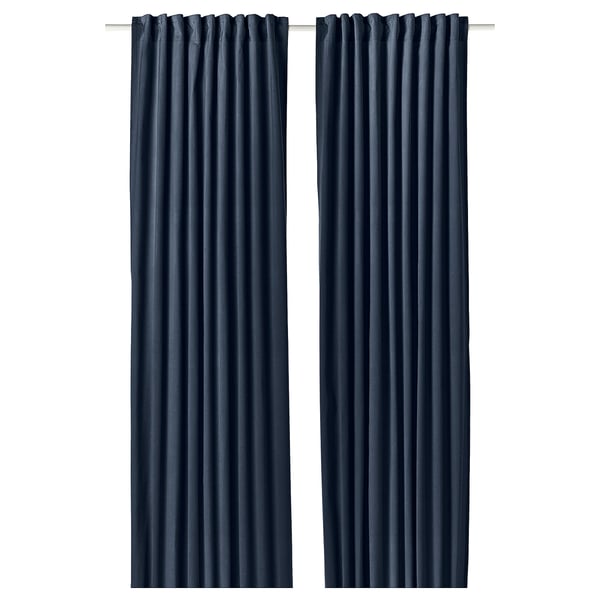 SANELA dark blue curtains: pure cotton velvet, elegant pleats, room-darkening, multi-way header.