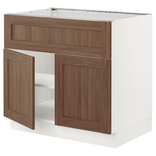 SEKTION kitchen unit in walnut with wooden doors and drawer, modern, sturdy design.
