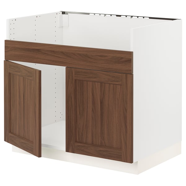 SEKTION walnut wooden kitchen cabinet, white frame, rectangular, soft-closing hinge.