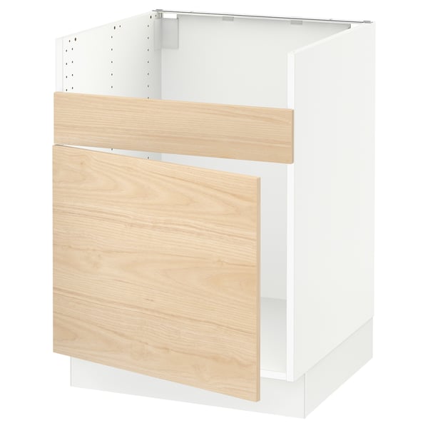 Modern kitchen cabinet, white with light ash wood door, sleek design.