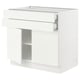 A white SEKTION kitchen cabinet with a drawer and open compartment, featuring a modern design with a clean, glossy finish.