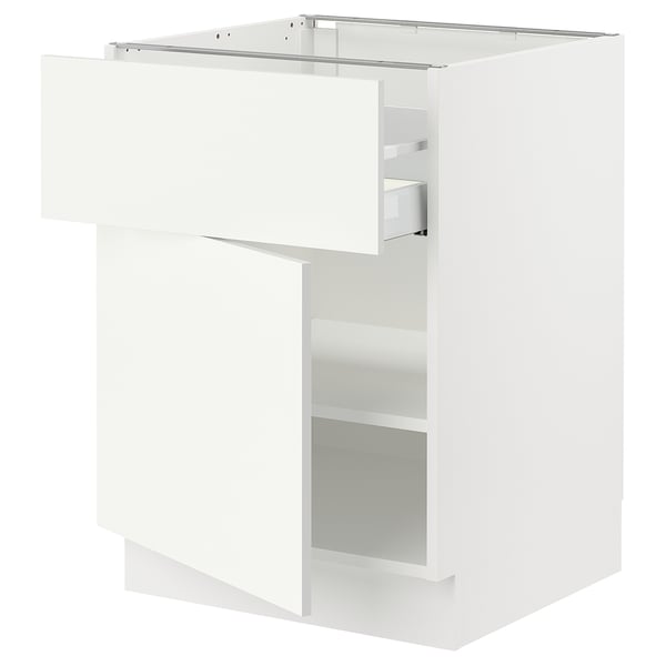 SEKTION white kitchen cabinet with adjustable shelves and drawer.