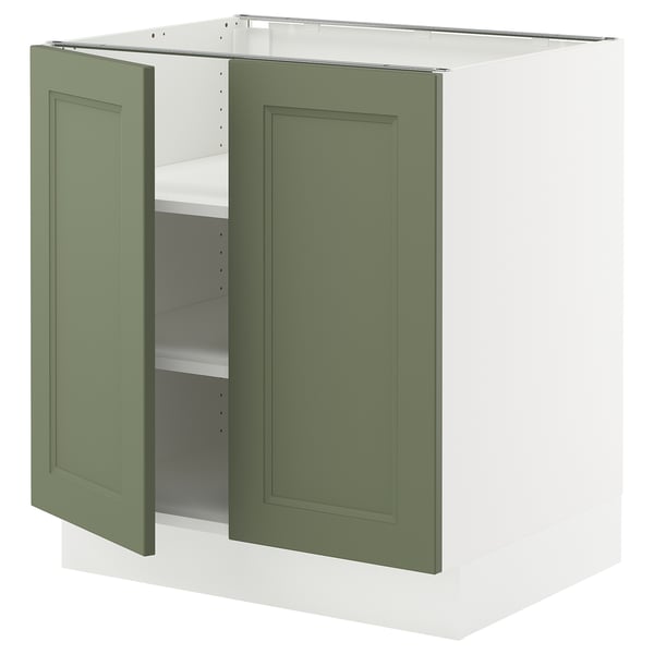 SEKTION green kitchen cabinet with adjustable shelves and white base.
