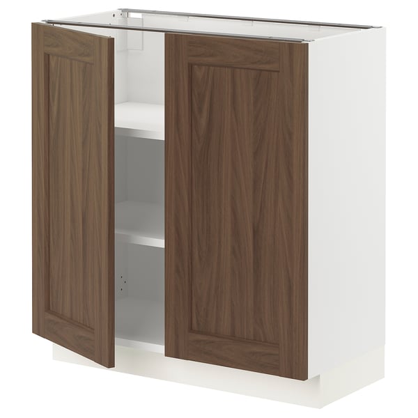 Ikea SEKTION kitchen cabinet, walnut doors, white base, adjustable shelves.