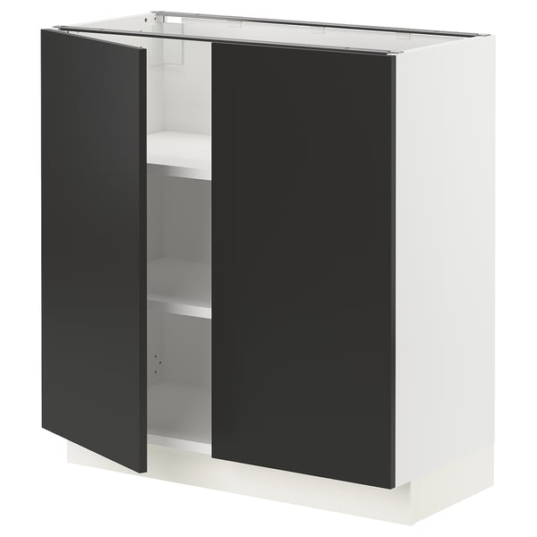 Modern kitchen cabinet with 2 black doors, adjustable shelves, white frame.
