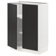Depicts a SEKTION kitchen cabinet with black matt nickebo doors and a white frame. It adjustable shelves and a door damper for slow closure.