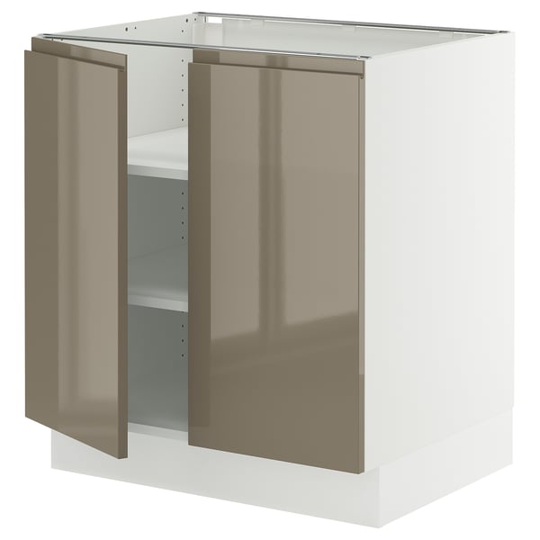 SEKTION kitchen cabinet with high-gloss dark grey-brown doors and silver handle, modern and sleek design, two adjustable shelves.