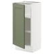 An open white and green kitchen cabinet with two shelves. It green doors and a modern design.