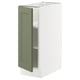 White SEKTION kitchen cabinet with sage green door.