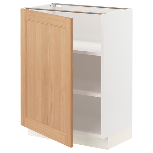 Ikea SEKTION: white cabinet, light oak door, adjustable shelves, hinged door open left.