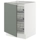 Ikea SEKTION kitchen unit with grey-green door and metal shelves.