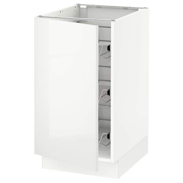 A white SEKTION kitchen cabinet with a glossy finish, featuring sleek design and organised wire shelves.