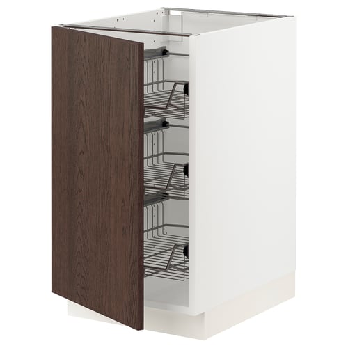 SEKTION kitchen cabinet, white with dark brown wooden door, multiple metal shelves.