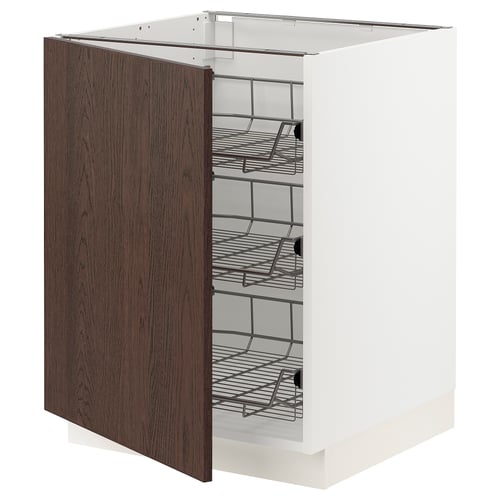 White SEKTION cabinet with dark brown door, three wire shelves, modern design.