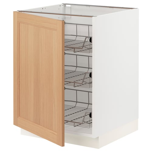 A SEKTION kitchen cabinet in white and oak, featuring pull-out wire baskets for storage.