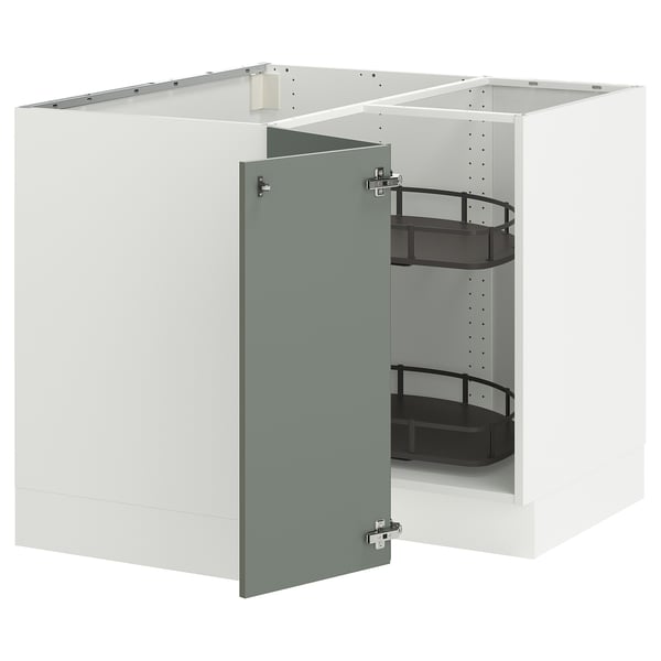 SEKTION kitchen cabinet, grey-green, metal shelves, white exterior, open door.