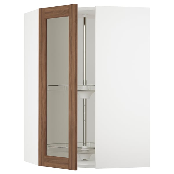 White SEKTION kitchen cabinet with walnut glass door, curved, mirrored.