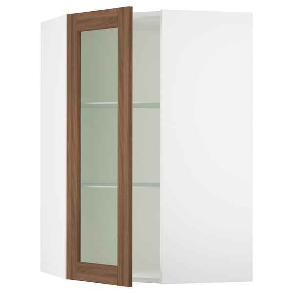 SEKTION kitchen cabinet with walnut glass door, open, showing inner glass shelves.