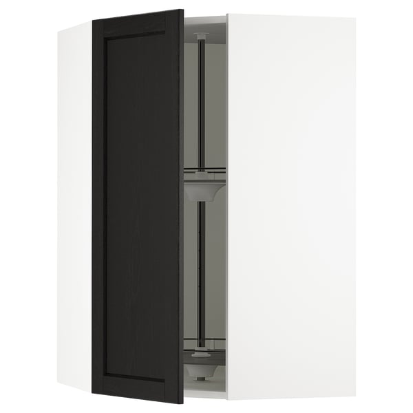 SEKTION kitchen: black stained ash door, glass shelves, white frame.