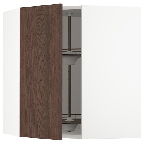 SEKTION dark brown wooden kitchen cabinet, open with glass shelves.