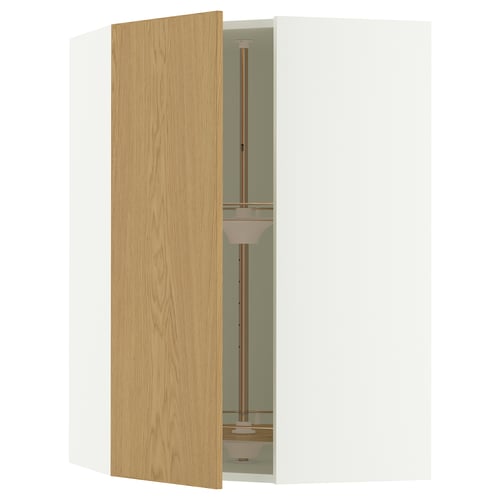 SEKTION oak veneer kitchen cabinet with swivel shelves open, white background.
