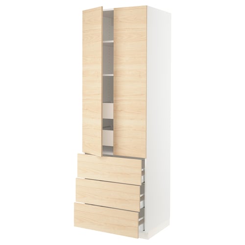 A tall SEKTION kitchen cabinet with light ash wood doors and multiple shelves and drawers.