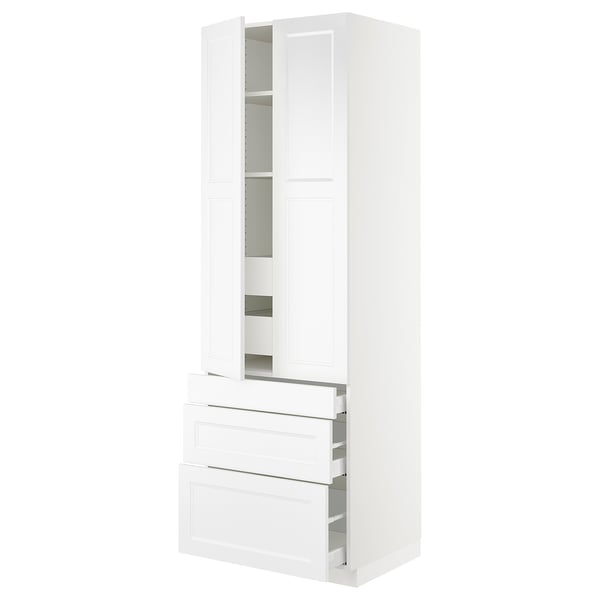 A white SEKTION kitchen cabinet with shelves and drawers. Its sleek, modern, and adjustable shelves within a sturdy frame.