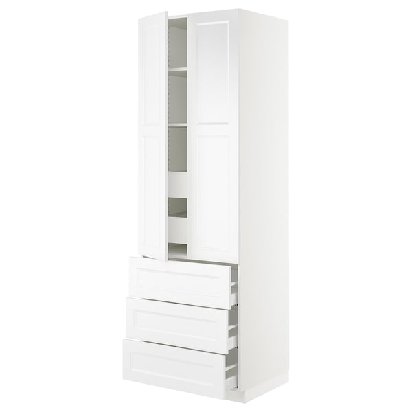 SEKTION white kitchen cabinet with three shelves, three drawers, and medium drawer and door dampers.