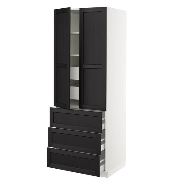 A black ikea SEKTION kitchen cabinet with dark stained wood and bevelled edges, featuring shelves and drawers.