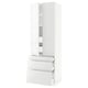 A white SEKTION tall kitchen unit with high-gloss drawers and cabinet doors. It a modern, sleek design with adjustable shelves.