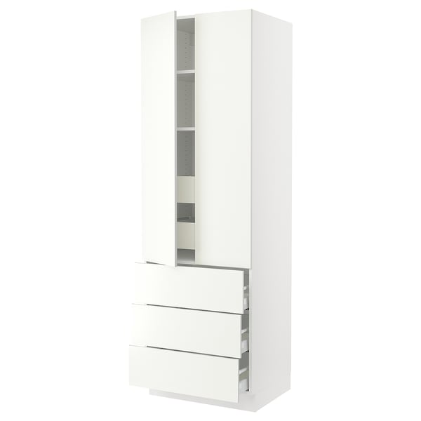 White SEKTION kitchen cabinets: tall 2-door, 3-shelf unit & lower 3-drawer section.