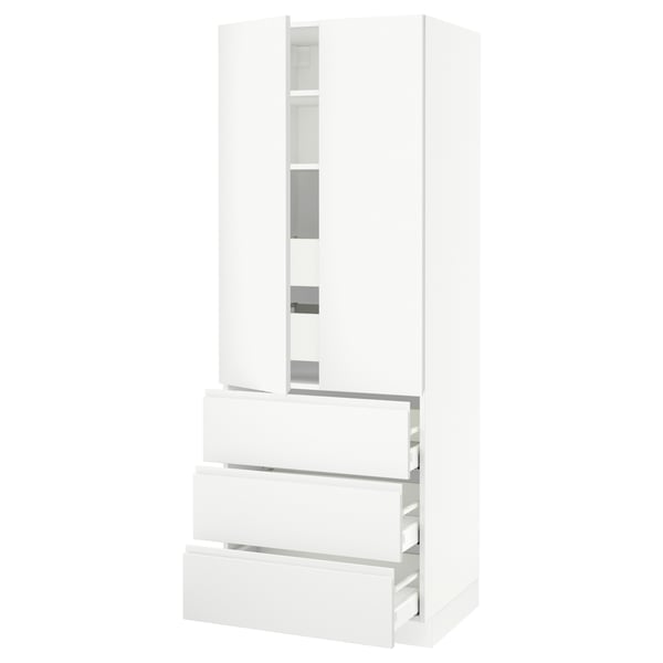 A white SEKTION kitchen cabinet with three drawers and two doors. It a modern, minimalist design.