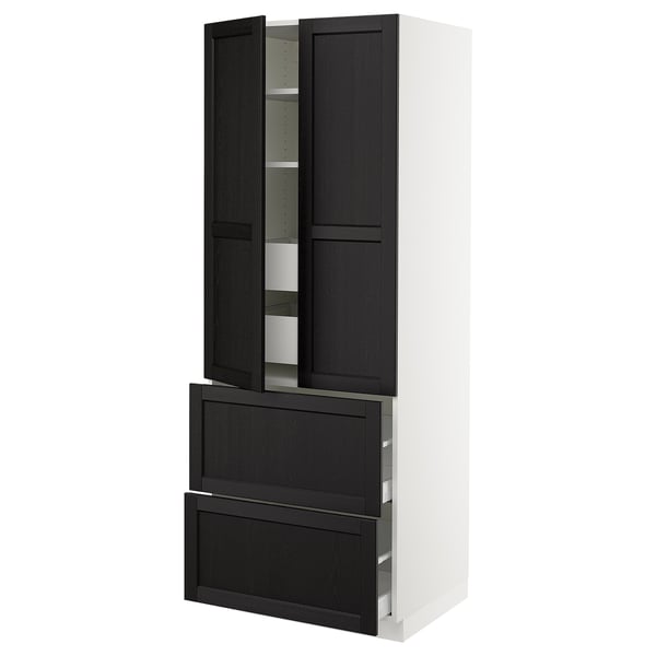 Black and white kitchen unit, wooden doors with bevelled edges, three shelves, two drawers.