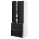 Black and white kitchen unit, wooden doors with bevelled edges, three shelves, two drawers.