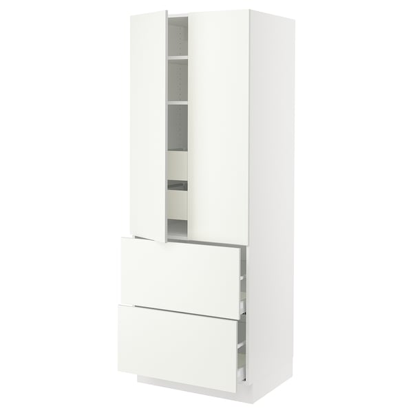 This image SEKTION kitchen furniture in white, showcasing modern storage with doors and drawers.