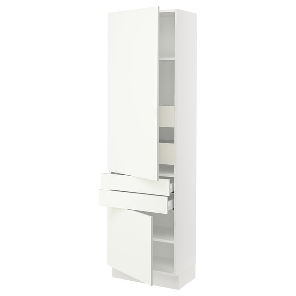 A white SEKTION kitchen cabinet with adjustable shelves and a soft-closing drawer.
