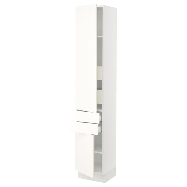 SEKTION white kitchen cabinet, sleek design, adjustable shelves, stainless steel hinges.