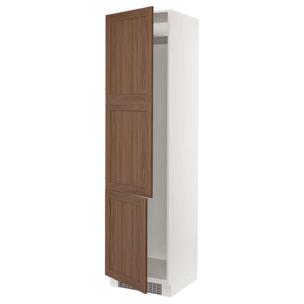 SEKTION kitchen cabinet in white and walnut, tall with one open wooden door and adjustable shelves.