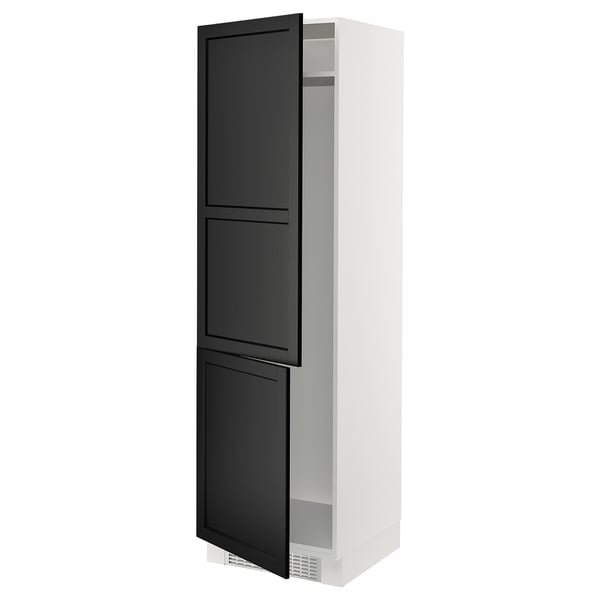 A tall, white SEKTION cabinet with dark grey lerhyttan doors, featuring a bevelled edge design. One door is open, revealing adjustable shelves inside.