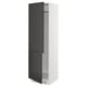Black and white cabinet with open door.