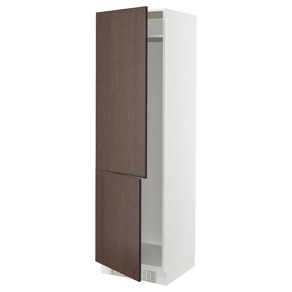 Ikea SEKTION kitchen cabinet, dark brown sinarp wood, right-opening door, tall white unit.
